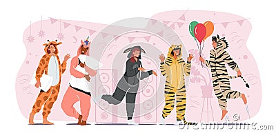 Kigurumi Pajama Party, Young People in Animal Costumes Unicorn, Donkey, Zebra, Giraffe, Tiger with Balloons and Pillows Vector Illustration