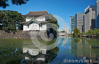 The Kikyo-bori moat overgrown with water plants around the Tokyo Imperial Palace. Tokyo. Japan Editorial Stock Photo