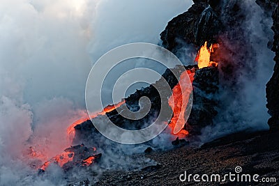 Kilauea Lava Flow entering the Pacific Stock Photo