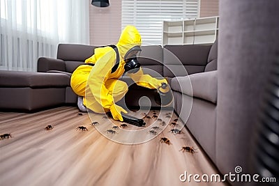 cockroach pest control uniform exterminator kill pesticide insect termite sofa. Generative AI. Stock Photo