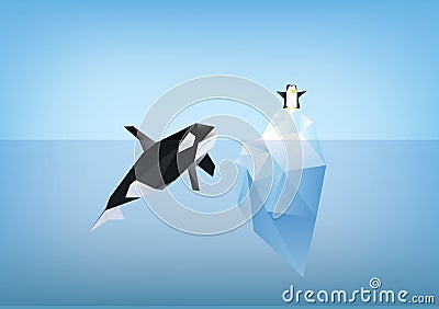 Killer whale looking at penguin sitting on iceberg illustration Vector Illustration