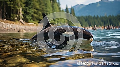 Killer whale, marine mammal washed ashore. A large representative of cetaceans. A scary animal that needs help. Stock Photo