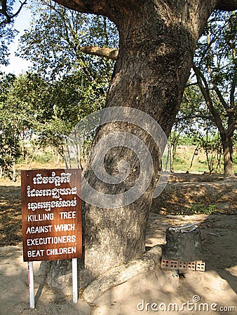 Killing tree against which executioners beat children. Cambodia Editorial Stock Photo