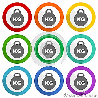 Kilogram, kilo, kg, weight vector icons, set of colorful flat design buttons for webdesign and mobile applications Vector Illustration