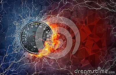 Kilometer gauge in fire and water Stock Photo