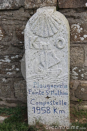 Kilometer marker located in the town of Plougonvelin, Compostela Stock Photo