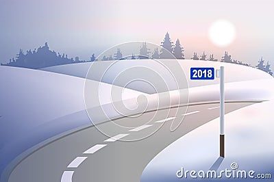 Kilometer mile pillar 2018 on winter road. Concept New Year Vector Illustration