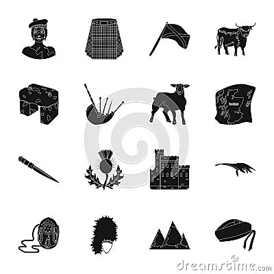 Kilt, bagpipes, thistles are national subjects of Scotland. Scotland set collection icons in black style vector symbol Vector Illustration