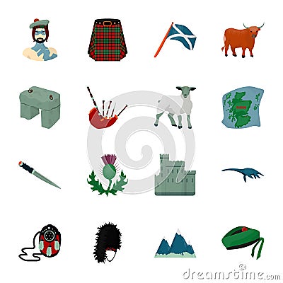 Kilt, bagpipes, thistles are national subjects of Scotland. Scotland set collection icons in cartoon style vector symbol Vector Illustration