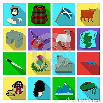 Kilt, bagpipes, thistles are national subjects of Scotland. Scotland set collection icons in flat style vector symbol Vector Illustration