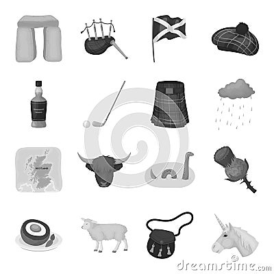 Kilt, bagpipes, thistles are national subjects of Scotland. Scotland set collection vector Vector Illustration