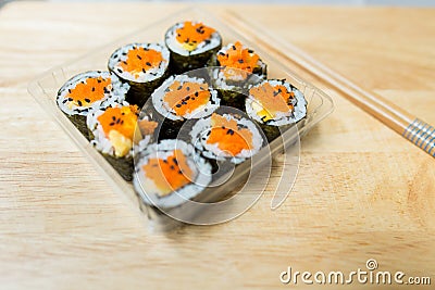 Kimbap Korean Sushi Roll, Tobiko on top Stock Photo