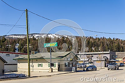 KIMBERLEY, CANADA - MARCH 22, 2019: main street in small town in British Columbia with shops restaurants cars Editorial Stock Photo