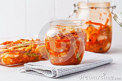 Kimchi cabbage in a glass jar. Korean food, probiotics food Stock Photo