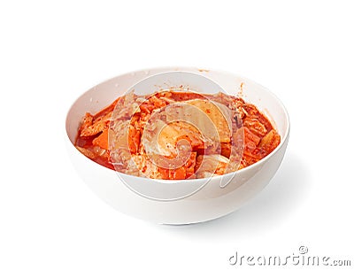 Kimchi Isolated, Kimchee in White Bowl, Red Spicy Kim Chi, Hot Fermented Napa Cabbage, Traditional Jimchi Stock Photo