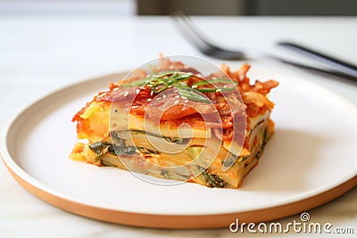 kimchi pancake slice revealing inside texture Stock Photo
