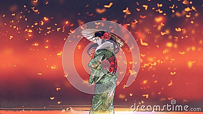 The kimono girl in fantasy place Cartoon Illustration