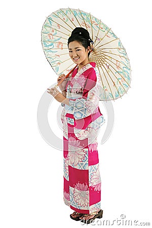 Kimono and Umbrella Girl Stock Photo