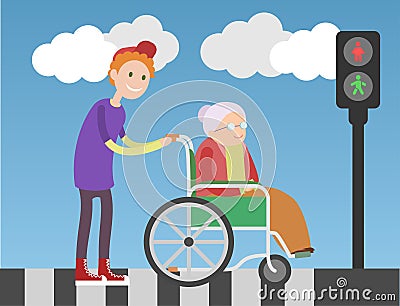 Kind boy helps old lady in wheelchair. Vector Illustration