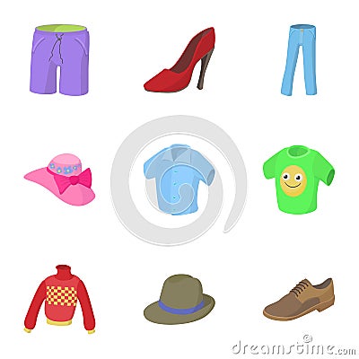 Kind of clothing icons set, cartoon style Vector Illustration