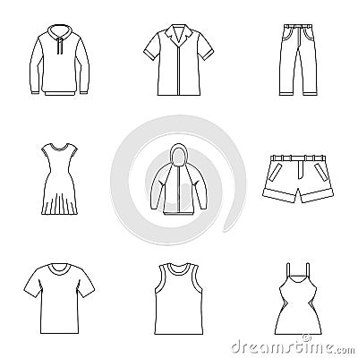 Kind of clothing icons set, outline style Vector Illustration