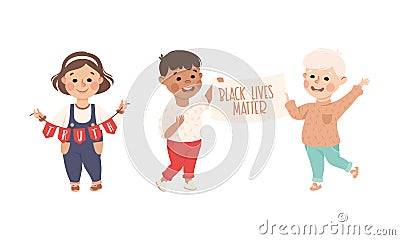 Kind and Fair Little Boy and Girl with Garland and Placard for Black Lives Matter Demonstration Vector Set Vector Illustration