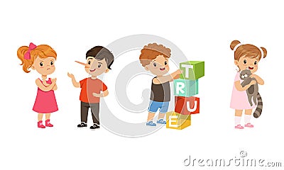 Kind and Fair Little Girl and Boy Character Playing with Toy Blocks and Denying Lie Vector Illustration Set Vector Illustration