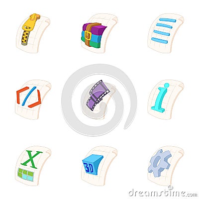 Kind of files icons set, cartoon style Vector Illustration