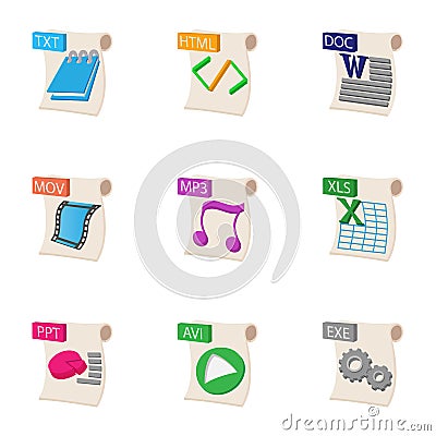 Kind of files icons set, cartoon style Vector Illustration