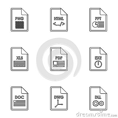 Kind of files icons set, outline style Vector Illustration