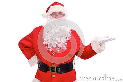 Kind Santa Claus pointing in white blank sign, isolated on white background Stock Photo