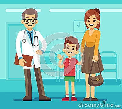 Kind smiling pediatrician doctor and mother with sick child. Pediatric care vector cartoon concept Vector Illustration
