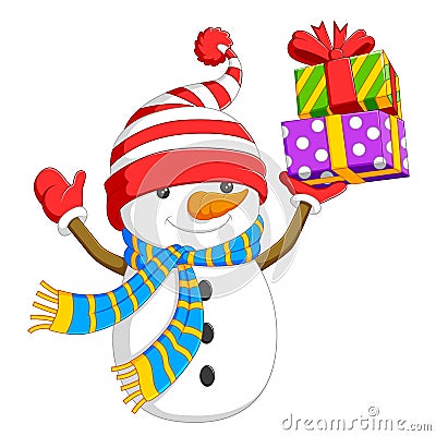 A kind snowman is holding up the box of colourful gift Vector Illustration