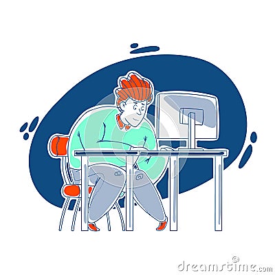 A kind, sweet, cheerful guy works hard at the computer in the office. Work in the office, deadline. Cartoon style, contour drawing Vector Illustration