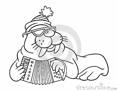 Kind Walrus in a winter hat plays the button accordion. Cartoon walrus musician for coloring. Vector outline image of a cartoon Vector Illustration