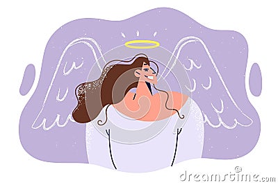 Kind woman with halo and painted angel wings smiles, demonstrating absence of negative intentions Vector Illustration