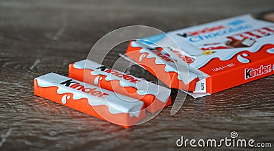 Kinder Chocolate bar is a very popular dessert for children, made by Italian confectionery maker Ferrero. Editorial Stock Photo