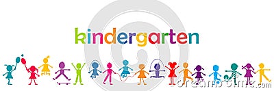 Kindergarten banner with colored kids Vector Illustration