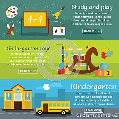 Kindergarten banner horizontal set, flat style Vector Illustration