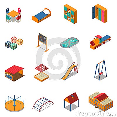 Kindergarten Play Ground Isometric Icons Vector Illustration