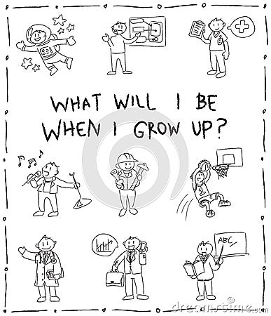 Kindergarten children pencil line doodle drawing sketch of cartoon character job professions which they dream to be when grow up Vector Illustration