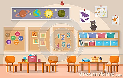 Kindergarten Classroom Interior Children Kids School Toys Furniture Vector Illustration Vector Illustration