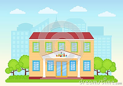 Kindergarten facade. Vector illustration. Preschool building front view Vector Illustration
