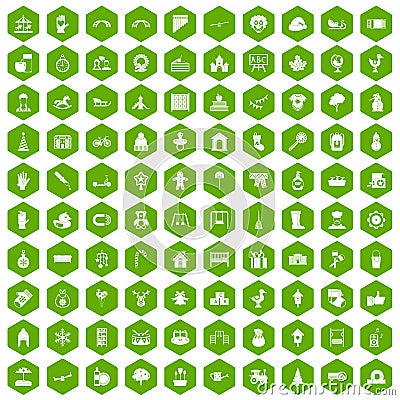 100 kindergarten icons hexagon green Vector Illustration