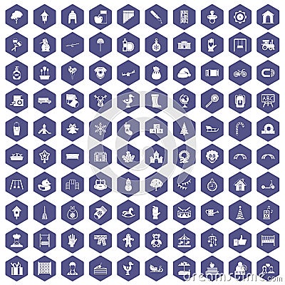 100 kindergarten icons hexagon purple Vector Illustration