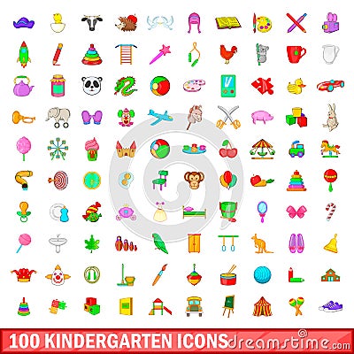 100 kindergarten icons set, cartoon style Vector Illustration