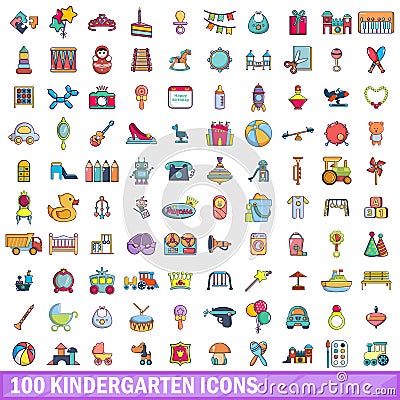 100 kindergarten icons set, cartoon style Vector Illustration