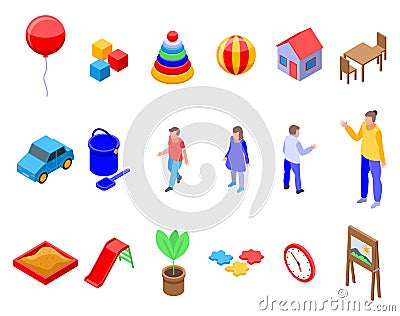 Kindergarten icons set, isometric style Vector Illustration