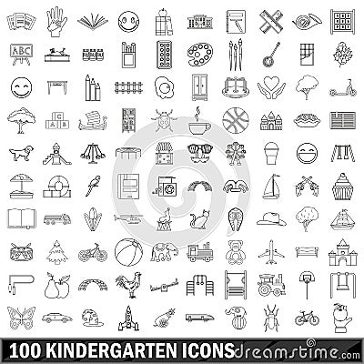 100 kindergarten icons set, outline style Vector Illustration