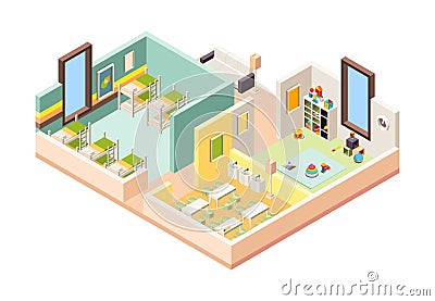 Kindergarten interior. Playground room preschool building with kitchen lessons game place and bedroom for little kids Vector Illustration